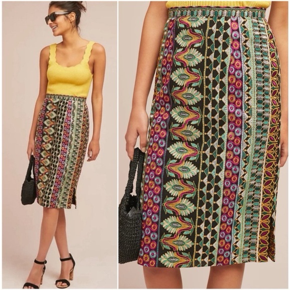 Anthropologie Floral Embroidered Skirt